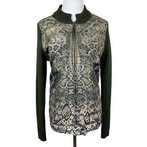 One World Sweater‎ Jacket XL Full Zip Ribbed Knit Printed Green Long Sleeve